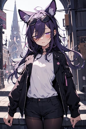 masterpiece,(kawaii illustration:1.5),(absurdres:1.5),
upper body,
small breasts,
gothic architecture,
looking at viewer,
masterpiece, best quality, 1girl, official, black jacket, jacket on shoulders, shirt, shorts, pantyhose, eyewear on head,(expressionless:1.2), purple eyes, (empty eyes:1.2),masterpiece,best quality,