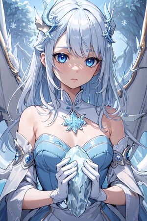 ((best quality)), ((masterpiece)), ((ultra-detailed)), extremely detailed CG, (illustration), ((detailed light)), (an extremely delicate and beautiful), a girl, solo, ((upper body,)), ((cute face)), expressionless, (beautiful detailed eyes), blue dragon eyes, (Vertical pupil:1.2), white hair, shiny hair, colored inner hair, (Dragonwings:1.4), [Armor_dress], blue wings, blue_hair ornament, ice adorns hair, [dragon horn], depth of field, [ice crystal], (snowflake), [loli], [[[[[Jokul]]]]],masterpiece