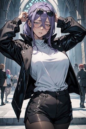 upper body,
large breasts,
gothic architecture,
looking at viewer,
masterpiece, best quality, 1girl, official, black jacket, jacket on shoulders, shirt, shorts, pantyhose, eyewear on head,(expressionless:1.2), purple eyes, (empty eyes:1.2),masterpiece,best quality,mature female