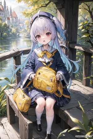 masterpiece,illustration,ray tracing,finely detailed,best detailed,Clear picture,intricate details,highlight,
anime,
gothic architecture,
looking at viewer,
nature,gothic architecture,bird,the lakeside in the heart of the forest,the staircase of the balcony,

NikkeRei,
1girl,upper body,loli,baby,long hair,hat,
yellow bow,yellow bag,
skirt,
NikkePenguin,Penguin,
sitting,