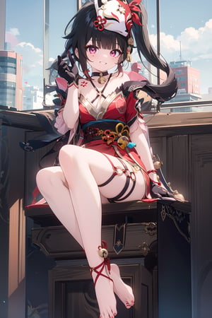 ((masterpiece,best quality)), 1girl, sparklehsr, mask on head, choker, single glove, bracelet, thigh strap, barefoot, crossed legs, from below, grin, wide-eyed, hand on own cheek, looking at viewer,masterpiece