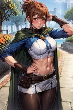 (masterpiece, best quality, ultra-detailed, 8K),High detailed, picture perfect face,blush,,perfect female body,slim waist,thic hips,abs,pink lips,hand behind head,dotamarci,marci, bangs, brown hair, (brown eyes:1.5), ponytail, short ponytail, belt, cape, armor, cloak, pouch, brown belt, belt pouch, looking at viewer,outdoors,blush,