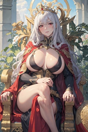 (masterpiece, best quality), 1girl, solo, (the empress:1.15), platinum blonde, long hair, (red cape), Curtain, white dress, queen dress, aurora, (sunshine, sky, river, forest), expressionless, red eyes, very long hair, (art nouveau:1.2), alphonse mucha, tiara, (face focus, upper body), sit, (red throne:1.12), tiara, crossing legs, highly intricate details, realistic light, smile,nsfw,huge_boobs,masterpiece