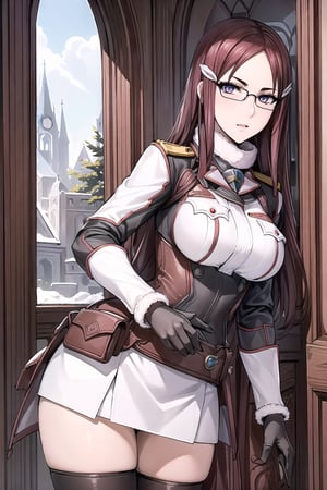 (masterpiece),illustration,8k,ray tracing,finely detailed,best detailed,Clear picture,highlight,

matrue female,milf,
tsurime eyes,
oval face,

gothic architecture,
looking at viewer,
medium breasts,

Minerva_Victor, forehead, red_hair, long_hair, very_long_hair, glasses, hair_clip, cowboy shot, white military_uniform, Winter_Clothing, long sleeves, thighhighs, fur, armor, single pauldron,fingerless gloves, skirt, Lean forward, hands placed on the back,