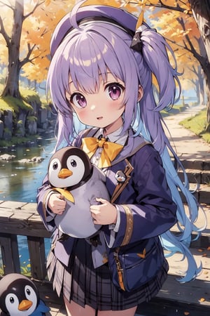 masterpiece,illustration,ray tracing,finely detailed,best detailed,Clear picture,intricate details,highlight,
anime,
gothic architecture,
looking at viewer,

nature,gothic architecture,bird,the lakeside in the heart of the forest,the staircase of the balcony,

NikkeRei,
1girl,loli,baby,long hair,hat,light purple hair,
yellow bow,yellow bag,skirt,upper body,
NikkePenguin,Penguin,