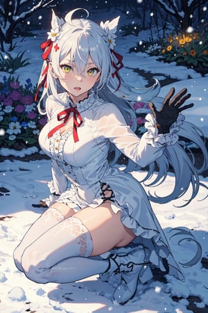 1girl, solo, fighting stance, garden, snowing, amber eyes, lace trim, frills, gloves, neck ribbon, hair ornament, very long hair, long hair, white hair, ahoge, boots, beautiful gown, long sleeves, hair between eyes, flower, hair ribbon, high quality, thighhighs, dress, ribbon, Medium breasts