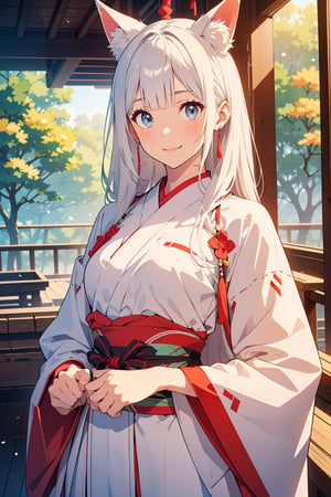 (masterpiece),illustration,ray tracing,beautiful detailed,colourful,finely detailed,dramatic light,
medium breasts,
white Miko outfit,matrue female,oval face,blunt bangs,long hair,tassel,white hair,blue eye,smile,fox ear,
matrue female,milf,long sleeves,(red skrit:1.5),
bisyoujo,lady,
tsurime eyes,
japanese architecture,forest,sunlight,diffuse light,