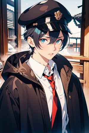 (masterpiece), best quality, high resolution, highly detailed, detailed background,


white collared shirt,
black hair,very long hair,
onsen,black military cap,black coat,black cloak,
long sleeves,oval face,
solo,