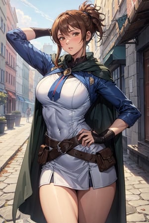 (masterpiece, best quality, ultra-detailed, 8K),High detailed, picture perfect face,blush,,perfect female body,slim waist,thic hips,abs,pink lips,hand behind head,dotamarci,marci, bangs, brown hair, (brown eyes:1.5), ponytail, short ponytail, belt, cape, armor, cloak, pouch, brown belt, belt pouch, looking at viewer,outdoors,