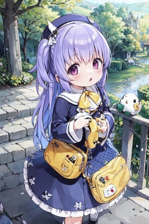 masterpiece,illustration,ray tracing,finely detailed,best detailed,Clear picture,intricate details,highlight,
anime,
gothic architecture,
looking at viewer,

nature,gothic architecture,bird,the lakeside in the heart of the forest,the staircase of the balcony,

NikkeRei,
1girl,loli,baby,long hair,hat,purple hair,
yellow bow,yellow bag,skirt, cowboy shot,
NikkePenguin,
from above,
sitting,koitosc,petite