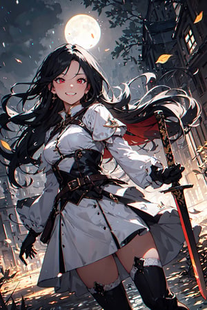 4k, high quality, masterpiece, beautiflu girl, (princess knight)++, black hair, red eyes, long sleeves, (holding western sword)++, rainny background, fantasy, impish grin, dutch angle, outside, nature, leaves in wind, white gloves, outdoors, not expression, wind+, thighhighs under boots, lace trim, ero, dress with slit, long hair, cool beauty, night background 