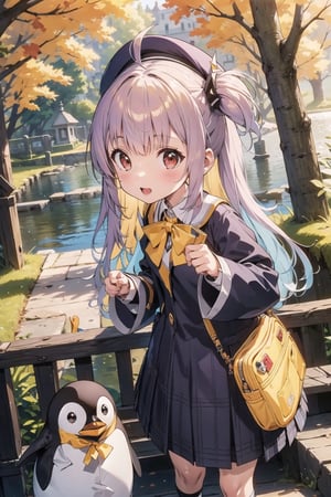 masterpiece,illustration,ray tracing,finely detailed,best detailed,Clear picture,intricate details,highlight,
anime,
gothic architecture,
looking at viewer,
nature,gothic architecture,bird,the lakeside in the heart of the forest,the staircase of the balcony,

NikkeRei,
1girl,upper body,loli,baby,long hair,hat,
yellow bow,yellow bag,
skirt,
NikkePenguin,Penguin,