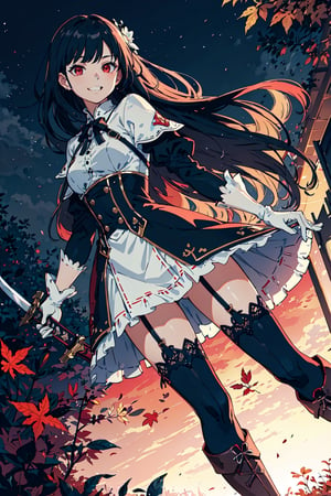 4k, high quality, masterpiece, beautiflu girl, (princess knight)++, black hair, red eyes, long sleeves, (holding western sword)++, rainny background, fantasy, impish grin, dutch angle, outside, nature, leaves in wind, white gloves, outdoors, not expression, wind+, thighhighs under boots, lace trim, ero, dress with slit, long hair, cool beauty, night background 