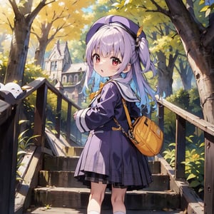 masterpiece,illustration,ray tracing,finely detailed,best detailed,Clear picture,intricate details,highlight,
anime,
gothic architecture,
looking at viewer,

nature,gothic architecture,bird,the lakeside in the heart of the forest,the staircase of the balcony,

NikkeRei,
1girl,loli,baby,long hair,hat,light purple hair,
yellow bow,yellow bag,skirt,
NikkePenguin,