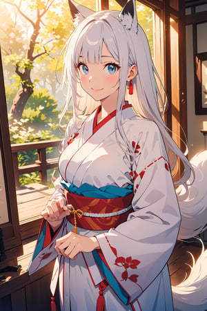 (masterpiece),illustration,ray tracing,beautiful detailed,colourful,finely detailed,dramatic light,
medium breasts,
white Miko outfit,matrue female,oval face,blunt bangs,long hair,tassel,white hair,blue eye,smile,fox ear,
matrue female,milf,long sleeves,red skrit,
bisyoujo,lady,
tsurime eyes,
japanese architecture,forest,sunlight,diffuse light,