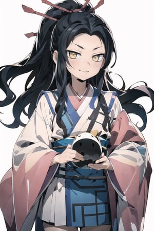 // define,
(masterpiece),illustration,8k,ray tracing,best detailed,Clear picture,highlight,

// character,
Kyoukotsu's_daughter, black hair, long hair, wave hair,yellow eyes, cowboy shot,kimono,forehead,Grinning,
looking at viewer,
bisyoujo,lady,
tsurime eyes,
oval face,

// other,
cowboy shot,

// background,
japan architecture,
looking at viewer,
