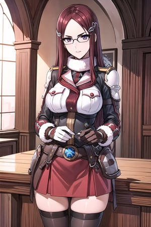 (masterpiece),illustration,8k,ray tracing,finely detailed,best detailed,Clear picture,highlight,

matrue female,milf,
tsurime eyes,
oval face,

gothic architecture,
looking at viewer,
medium breasts,

Minerva_Victor, forehead, red_hair, long_hair, very_long_hair, glasses, hair_clip, cowboy shot, white military_uniform, Winter_Clothing, long sleeves, thighhighs, fur, armor, pauldron,fingerless gloves, skirt, Lean forward, hands placed on the back,