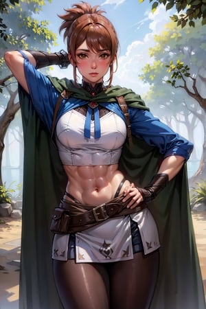 (masterpiece, best quality, ultra-detailed, 8K),High detailed, blush,slim waist,thic hips,abs,pink lips,
dotamarci,marci,
bangs,brown hair,(brown eyes:1.5) ponytail,short ponytail, belt, cape, armor, cloak, pouch, brown belt, belt pouch, looking at viewer,outdoors,
hand behind head,