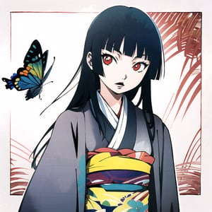 Enma Ai, 1girl, solo, japanese clothes, long hair, butterfly, bug, black hair, kimono, hime cut, bangs, bracelet, blunt bangs, jewelry, black kimono, red eyes,  ,line anime