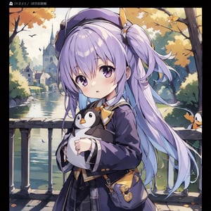 masterpiece,illustration,ray tracing,finely detailed,best detailed,Clear picture,intricate details,highlight,
anime,
gothic architecture,
looking at viewer,

nature,gothic architecture,bird,the lakeside in the heart of the forest,the staircase of the balcony,

NikkeRei,
1girl,loli,baby,long hair,hat,light purple hair,
yellow bow,yellow bag,skirt,upper body,
NikkePenguin,Penguin,