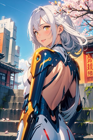 masterpiece, best quality, 1girl, yellow eyes, Beautiful face, delicate eyes, smile, long hair, white hair, tree, stairs, standing, sky, cherry blossoms, temple, looking at viewer, upper body, from below, looking back, ((Mecha)), young girl, Cyberpunk, CyberMechaGirl