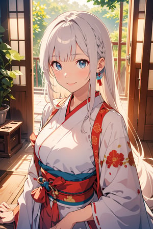 

(masterpiece),illustration,ray tracing,beautiful detailed,colourful,finely detailed,dramatic light,
medium breasts,
Miko outfit,matrue female,oval face,blunt bangs,long hair,tassel,white hair,blue eye,smile,fox ear,
matrue female,milf,
bisyoujo,lady,
tsurime eyes,
japanese architecture,forest,sunlight,diffuse light,