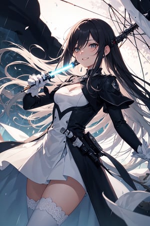 4k, high quality, masterpiece, beautiflul girl, (princess knight)++, black hair, white eyes, long sleeves, (holding lightsaber)++, rainy background, fantasy, impish grin, dutch angle, outside, nature, leaves in wind, white gloves, outdoors, not expression, wind+, thighhighs under boots, lace trim, ero, dress with slit, long hair, cool beauty, night background ,masterpiece,hair over eyes