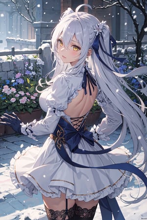 1girl, solo,upper body, fighting stance, from behind, garden, snowing, amber eyes, lace trim, frills, gloves, neck ribbon, hair ornament, very long hair, long hair, white hair, ahoge, boots, beautiful gown, long sleeves, hair between eyes, flower, hair ribbon, high quality, thighhighs, dress, ribbon, Medium breasts