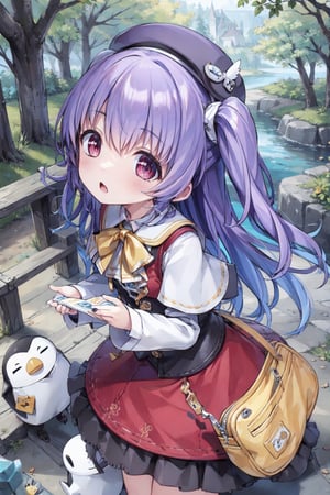 masterpiece,illustration,ray tracing,finely detailed,best detailed,Clear picture,intricate details,highlight,
anime,
gothic architecture,
looking at viewer,

nature,gothic architecture,bird,the lakeside in the heart of the forest,the staircase of the balcony,

NikkeRei,
1girl,loli,baby,long hair,hat,purple hair,
yellow bow,yellow bag,skirt, cowboy shot,
NikkePenguin,
from above,
sitting,koitosc,petite