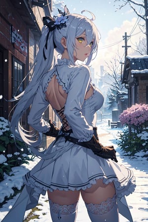 1girl, solo,upper body, fighting stance, from behind, garden, snowing, amber eyes, lace trim, frills, gloves, neck ribbon, hair ornament, very long hair, long hair, white hair, ahoge, boots, beautiful gown, long sleeves, hair between eyes, flower, hair ribbon, high quality, thighhighs, dress, ribbon, Medium breasts