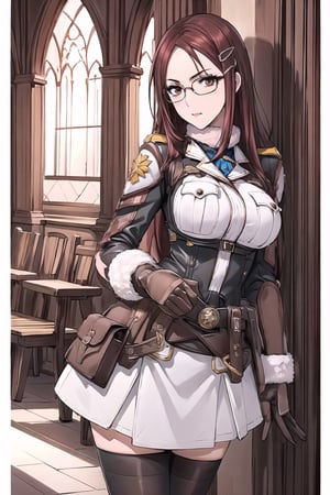 (masterpiece),illustration,8k,ray tracing,finely detailed,best detailed,Clear picture,highlight,

matrue female,milf,
tsurime eyes,
oval face,

gothic architecture,
looking at viewer,
medium breasts,

Minerva_Victor, forehead, red_hair, long_hair, very_long_hair, glasses, hair_clip, cowboy shot, white military_uniform, Winter_Clothing, long sleeves, thighhighs, fur, armor, pauldron,fingerless gloves, skirt, Lean forward, hands placed on the back,