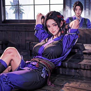 {best quality}, detail fingers,{{masterpiece}},illustration,portrait,solo,masterpiece,best quality,black hair,headband,japanese clothes,japanese armor,muneate,large_breast,incredibly absurdres,highres,high detail eyes,sitting,window,smile,indoors,bar,Samurai Warriors 5,
looking at viewer,

(lying:1.2),
(arms behind head:1.2),
(large breasts, slender),
sweat,
