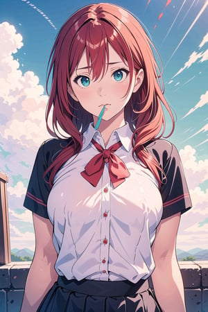 masterpiece, best quality, 1girl, red hair, aqua eyes, looking at viewer, confused look, bread in mouth, school uniform, blue sky, cloud trail