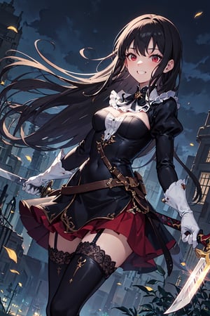 4k, high quality, masterpiece, beautiflu girl, (princess knight)++, black hair, red eyes, long sleeves, (holding western sword)++, rainny background, fantasy, impish grin, dutch angle, outside, nature, leaves in wind, white gloves, outdoors, not expression, wind+, thighhighs under boots, lace trim, ero, dress with slit, long hair, cool beauty, night background ,masterpiece