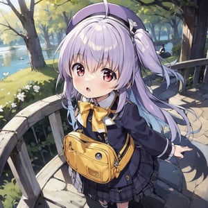 masterpiece,illustration,ray tracing,finely detailed,best detailed,Clear picture,intricate details,highlight,
anime,
gothic architecture,
looking at viewer,

nature,gothic architecture,bird,the lakeside in the heart of the forest,the staircase of the balcony,

NikkeRei,
1girl,loli,baby,long hair,hat,light purple hair,
yellow bow,yellow bag,skirt,upper body,
NikkePenguin,