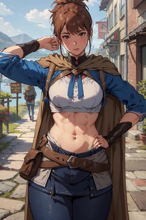 (masterpiece, best quality, ultra-detailed, 8K),High detailed, blush,slim waist,thic hips,abs,pink lips,
dotamarci,marci,
bangs,brown hair,(brown eyes:1.5) ponytail,short ponytail, belt, cape, armor, cloak, pouch, brown belt, belt pouch, looking at viewer,outdoors,
hand behind head,