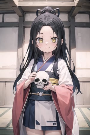 // define,
(masterpiece),illustration,8k,ray tracing,best detailed,Clear picture,highlight,

// character,
Kyoukotsu(daughter), black hair, long hair, wave hair,yellow eyes, cowboy shot,kimono,forehead,Grinning,
skull,holding skull,
bisyoujo, tsurime eyes,

// other,
cowboy shot, looking at viewer,

// background,
japan architecture,
looking at viewer,
