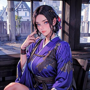 {best quality}, detail fingers,{{masterpiece}},illustration,portrait,solo,masterpiece,best quality,black hair,headband,japanese clothes,japanese armor,muneate,large_breast,incredibly absurdres,highres,high detail eyes,sitting,window,smile,indoors,bar,Samurai Warriors 5,
looking at viewer,