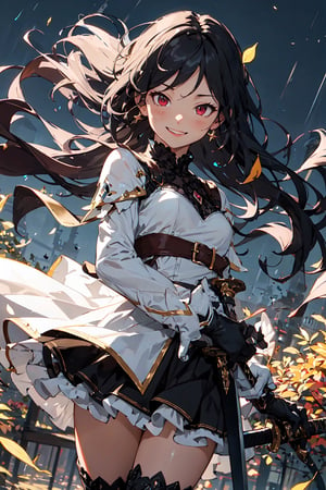 4k, high quality, masterpiece, beautiflu girl, (princess knight)++, black hair, red eyes, long sleeves, (holding western sword)++, rainny background, fantasy, impish grin, dutch angle, outside, nature, leaves in wind, white gloves, outdoors, not expression, wind+, thighhighs under boots, lace trim, ero, dress with slit, long hair, cool beauty, night background 