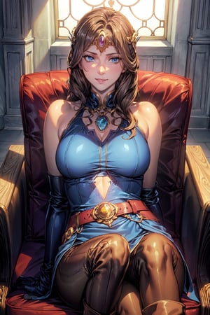 (masterpiece),illustration,
oda non,
gothic architecture,
looking at viewer,
cropped shoulders,
solo,smile,
upper body,sitting on chair,
looking at viewer,
default mirana, long hair, blue eyes, brown hair,
gloves, bare shoulders, boots, sleeveless, belt, pants, armor, brown footwear, black pants, knee boots, brown gloves,