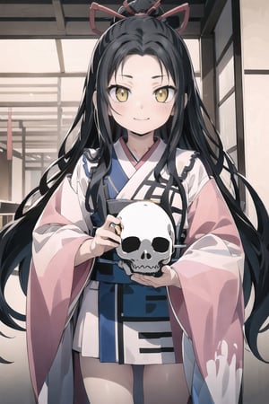 // define,
(masterpiece),illustration,8k,ray tracing,best detailed,Clear picture,highlight,

// character,
Kyoukotsu's_daughter, black hair, long hair, wave hair,yellow eyes, cowboy shot,kimono,forehead,Grinning,
looking at viewer,
skull,
bisyoujo,lady,
tsurime eyes,
oval face,

// other,
cowboy shot,

// background,
japan architecture,
looking at viewer,YayaNanto