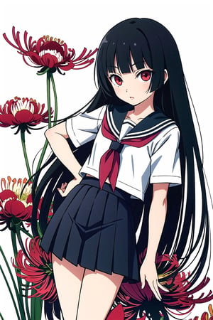 Enma Ai, 1girl, long hair, solo, flower, black hair, red eyes, spider lily, hime cut, school uniform, serafuku, black serafuku, skirt,looking at viewer,hand on hip,