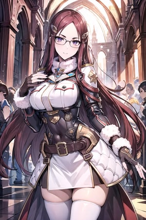 (masterpiece),illustration,8k,ray tracing,finely detailed,best detailed,Clear picture,highlight,

matrue female,milf,
tsurime eyes,
oval face,

gothic architecture,
looking at viewer,
medium breasts,

Minerva_Victor, forehead, red_hair, long_hair, very_long_hair, glasses, hair_clip, cowboy shot, white military_uniform, Winter_Clothing, long sleeves, thighhighs, fur, armor, pauldron,fingerless gloves, skirt, Lean forward, hands placed on the back,