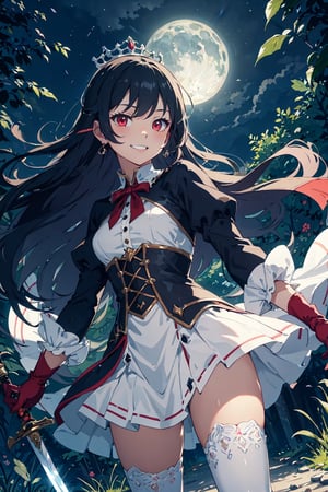 4k, high quality, masterpiece, beautiflu girl, (princess knight)++, black hair, red eyes, long sleeves, (holding western sword)++, rainny background, fantasy, impish grin, dutch angle, outside, nature, leaves in wind, white gloves, outdoors, not expression, wind+, thighhighs under boots, lace trim, ero, dress with slit, long hair, cool beauty, night background 