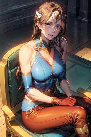 (masterpiece),illustration,
oda non,
gothic architecture,
looking at viewer,
cropped shoulders,
solo,smile,
upper body,sitting on chair,
looking at viewer,
long hair,circlet,brown hair,
default mirana, long hair, blue eyes, brown hair, circlet,
gloves, bare shoulders, boots, sleeveless, belt, pants, armor, brown footwear, black pants, knee boots, brown gloves,