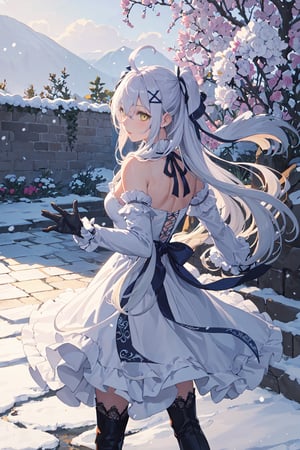 1girl, solo, fighting stance, from behind, garden, snowing, amber eyes, lace trim, frills, gloves, neck ribbon, hair ornament, very long hair, long hair, white hair, ahoge, boots, beautiful gown, long sleeves, hair between eyes, flower, hair ribbon, high quality, thighhighs, dress, ribbon, Medium breasts