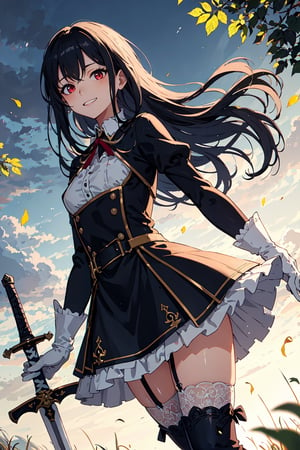 4k, high quality, masterpiece, beautiflu girl, (princess knight)++, black hair, red eyes, long sleeves, (holding western sword)++, rainny background, fantasy, impish grin, dutch angle, outside, nature, leaves in wind, white gloves, outdoors, not expression, wind+, thighhighs under boots, lace trim, ero, dress with slit, long hair, cool beauty, night background ,masterpiece