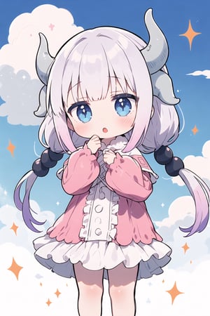 Masterpiece, best quality, blue sky, cloud trail, warm, looking away, kleedef,

1girl, , kannakamui, dress, dragon horns, hands on own cheeks, :o, hair beads, low twintails, sparkle, ,Loli