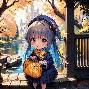 masterpiece,illustration,ray tracing,finely detailed,best detailed,Clear picture,intricate details,highlight,
anime,
gothic architecture,
looking at viewer,
nature,gothic architecture,bird,the lakeside in the heart of the forest,the staircase of the balcony,

NikkeRei,
1girl,upper body,loli,baby,long hair,hat,
yellow bow,yellow bag,
skirt,
NikkePenguin,Penguin,
sitting,Chibi