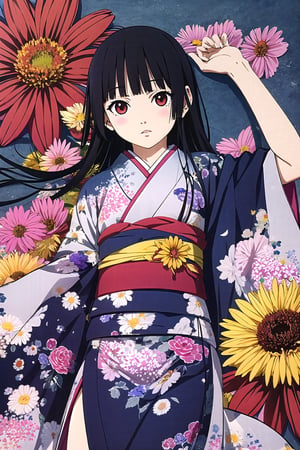 Enma Ai, 1girl, chrysanthemum, flower, solo, japanese clothes, long hair, kimono, yellow flower, butterfly, hair spread out, purple flower, sash, floral print, black hair, bug, red eyes, lying, obi, orange flower, bangs, on back, kikumon, spider lily, pink flower, colorful, red flower, blunt bangs, blue flower, looking at viewer, parted lips, butterfly print, print kimono, long sleeves, crane \(animal\), pale skin, wide sleeves, from above